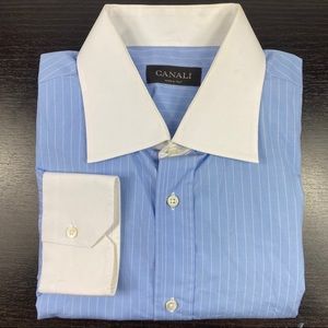Canali XL 43/17 blue stripe white collar and cuff